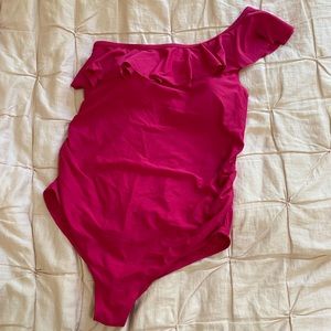 Motherhood Maternity Pink One Shoulder Ruffle Swimsuit